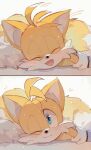 1boy ^_^ ^o^ absurdres animal_ears blue_eyes blush c52278 closed_eyes fang fox_boy fox_ears furry gloves highres looking_at_viewer lying male_focus multiple_views on_stomach one_eye_closed open_mouth smile sonic_(series) tails_(sonic) white_gloves 