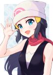  1girl :d bare_arms beanie black_hair blue_eyes blush border commentary_request hikari_(pokemon) hair_ornament hairclip hat highres long_hair open_mouth outside_border poke_ball_symbol pokemon pokemon_(game) pokemon_dppt scarf shiny shiny_skin sleeveless smile solo tongue upper_body white_border white_headwear yanagi_(soke_yanagi) 