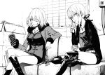  2girls ahoge artoria_pendragon_(all) belt blouse boots box breasts burger couch crossed_legs drinking_straw eating fate/grand_order fate_(series) food greyscale holding indoors jacket jeanne_d&#039;arc_(alter)_(fate) jeanne_d&#039;arc_(fate)_(all) jewelry long_hair looking_at_viewer monochrome multiple_girls necklace one_eye_closed ponytail saber_alter short_hair silver_hair sitting sweater usui_ryuu wicked_dragon_witch_ver._shinjuku_1999 