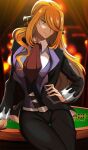  1girl arm_support belt belt_buckle black_jacket blonde_hair blurry blurry_background buckle casino cosplay cynthia_(pokemon) formal grey_eyes hair_ornament hair_over_one_eye hand_on_hip hand_on_table highres jacket leaning_to_the_side lights long_hair looking_at_viewer metal_belt necktie pokemon pokemon_(game) pokemon_dppt pokemon_rse roulette_table shirt sitting sitting_on_table sleeve_cuffs smile steven_stone steven_stone_(cosplay) suit very_long_hair vest vivivoovoo white_shirt 