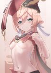  1girl :3 antlers bare_arms bare_shoulders blonde_hair blue_eyes breasts genshin_impact hair_between_eyes hat highres long_hair looking_at_viewer marinesnow midriff navel no_bra red_headwear revealing_clothes scales sleeveless small_breasts smile solo stomach under_boob upper_body yanfei_(genshin_impact) 