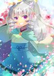  1girl bangs blue_skirt blurry blurry_background blush bow commentary_request demon_horns depth_of_field drill_hair eyebrows_visible_through_hair facial_mark frilled_skirt frills green_kimono grey_hair grin hair_between_eyes hair_bow hand_up high_ponytail horns japanese_clothes kimono kouu_hiyoyo long_hair long_sleeves looking_at_viewer original pinching_sleeves pink_bow ponytail short_eyebrows sidelocks skirt sleeves_past_wrists smile solo thick_eyebrows twin_drills very_long_hair violet_eyes wide_sleeves 