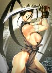  1girl anagumasan armpit_peek bandages black_eyes black_hair breasts closed_mouth covered_nipples from_side gauntlets hair_between_eyes highres holding holding_weapon ibuki_(street_fighter) muscular muscular_female pelvic_curtain ponytail pose sideboob solo street_fighter street_fighter_iii_(series) sword thick_thighs thighs tied_hair weapon 