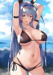  1girl absurdres animal_ears armband armpits arms_behind_head arms_up azur_lane bangs bikini black_bikini blue_eyes blue_hair blue_sky blurry blurry_background breasts clouds crossed_bangs day eyebrows_visible_through_hair eyes_visible_through_hair eyewear_on_head hair_between_eyes hair_intakes highres large_breasts long_hair looking_at_viewer new_jersey_(azur_lane) open_mouth outdoors rabbit_ears sidelocks sky solo swimsuit u_ronnta very_long_hair 