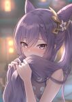  1girl bare_arms bare_shoulders blurry blush braid covering_mouth depth_of_field dust dust_particles eyebrows_visible_through_hair eyelashes flower genshin_impact hair_cones hair_flower hair_ornament hair_over_mouth highres holding holding_hair keqing_(genshin_impact) light_purple_hair long_hair looking_at_viewer marinesnow nose_blush pink_eyes solo tsurime twintails upper_body white_flower 