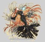  1girl ashera_(fire_emblem) attack belly_chain black_dress closed_mouth dress feather_hair_ornament feathers fire_emblem fire_emblem:_radiant_dawn fire_emblem_heroes full_body hair_ornament jewelry kita_senri long_hair magic official_art outstretched_arms red_eyes redhead torn_clothes 
