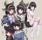  2girls absurdres alternate_costume alternate_hairstyle bangs bell black_choker black_shorts blunt_bangs blush bojue_(hakus_1128) bow breasts brown_hair buttons chabashira_tenko choker collarbone dangan_ronpa_(series) dangan_ronpa_v3:_killing_harmony double-breasted eyebrows_visible_through_hair green_background green_eyes green_ribbon grey_legwear hair_ornament hairband highres kneehighs large_breasts long_hair long_sleeves looking_at_viewer low_twintails mole mole_under_mouth multiple_girls multiple_views neck_bell open_mouth pink_choker pink_hairband redhead ribbon shirt short_hair shorts smile twintails upper_body white_bow white_shirt yumeno_himiko 