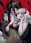  2girls bangs bare_arms bare_shoulders bat bat_hair_ornament black_hair black_jacket blood blood_on_face bloody_clothes breasts broken broken_chain chain collar cowboy_shot dangan_ronpa_(series) dangan_ronpa_2:_goodbye_despair dress eyebrows_visible_through_hair flower hair_ornament highres horns jacket kamukura_izuru large_breasts long_hair long_sleeves metal_collar multiple_girls naku_(naku999ziye) nanami_chiaki off_shoulder red_background red_eyes red_horns redhead see-through shirt signature white_shirt 