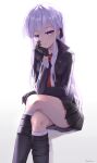  1girl bangs black_footwear black_gloves black_jacket black_ribbon black_skirt boots closed_mouth crossed_legs dangan_ronpa:_trigger_happy_havoc dangan_ronpa_(series) dress_shirt eyebrows_visible_through_hair gloves hair_ribbon head_rest highres jacket kirigiri_kyouko knee_boots long_hair long_sleeves miniskirt necktie open_clothes open_jacket pink_shirt pleated_skirt red_neckwear ribbon shiny shiny_hair shiny_skin shirt silver_hair simple_background sitting skirt smile smilent solo very_long_hair violet_eyes white_background white_shirt 