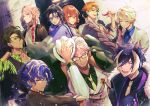  6+boys absurdres animal_ears aragami_oga arurandeisu asagiri0700 astel_leda bishounen black_gloves black_hair blonde_hair blue_hair coat cup dark-skinned_male dark_skin drinking_glass everyone flower formal glasses gloves hair_flower hair_ornament hanasaki_miyabi hat highres holding holding_clothes holding_cup holding_hat holostars horns jackal_ears kageyama_shien kanade_izuru kishido_temma lightning_bolt_hair_ornament lightning_bolt_symbol male_focus multicolored_hair multiple_boys neck_ribbon necktie orange_hair pink_hair redhead ribbon rikka_(holostars) shirt short_hair single_horn streaked_hair suit virtual_youtuber white_hair wine_glass yukoku_roberu 