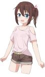  1girl :d bangs bare_shoulders belt_buckle blue_eyes blush breasts brown_hair brown_shorts buckle clothing_cutout cropped_legs eyebrows_visible_through_hair hair_between_eyes hair_ornament hairclip highres hippo_(hirople) looking_at_viewer open_mouth original pink_shirt shirt short_shorts short_sleeves shorts shoulder_cutout side_ponytail sidelocks simple_background small_breasts smile solo white_background yellow_belt 