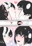  2girls ? absurdres after_kiss black_hair black_lips chin_hold closed_eyes commentary_request eyebrows_visible_through_hair eyeshadow heart highres kiss makeup multiple_girls open_mouth original purple_eyeshadow red_eyes saliva saliva_trail satsuki_(notsachiko) speech_bubble translation_request upper_teeth violet_eyes yuri 