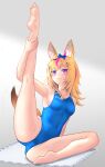  1girl :3 absurdres animal_ear_fluff animal_ears armpits bangs bare_arms bare_legs bare_shoulders blonde_hair blue_bow blue_swimsuit bow braid breasts commentary_request covered_navel fox_ears fox_girl fox_tail full_body grey_background hair_bow hair_ornament hairclip highleg highleg_swimsuit highres hololive kneepits leg_up long_hair maroniki_(arosama) medium_breasts multicolored_hair omaru_polka one-piece_swimsuit purple_hair side_braid simple_background single_braid smile solo streaked_hair swimsuit tail violet_eyes virtual_youtuber 