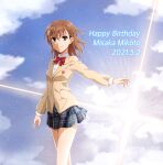  1girl 2021 blazer blue_skirt blue_sky bow bowtie brown_eyes brown_hair cameron_(pawoo) closed_mouth clouds collared_shirt dated day dress_shirt fang flower hair_between_eyes hair_flower hair_ornament happy_birthday highres jacket long_hair long_sleeves looking_at_viewer miniskirt misaka_mikoto outdoors plaid plaid_skirt pleated_skirt red_bow red_neckwear school_uniform shiny shiny_hair shirt short_shorts shorts shorts_under_skirt skirt sky smile solo standing toaru_majutsu_no_index tokiwadai_school_uniform white_flower white_shirt white_shorts wing_collar 