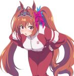  1girl animal_ears blush bow breasts brown_hair daiwa_scarlet_(umamusume) gym_uniform highres horse_ears horse_girl large_breasts long_hair long_sleeves looking_at_viewer open_mouth red_eyes simple_background sincos solo tiara twintails umamusume white_background 