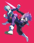  2boys absurdres anger_vein armor bodysuit boots clenched_hands commentary_request dragon_ball dragon_ball_super fighting gloves goku_black highres male_focus multiple_boys open_mouth purple_hair simple_background sm318 spiky_hair spitting teeth tongue torn_bodysuit torn_clothes vegeta white_footwear white_gloves 