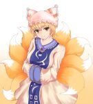  1girl absurdres animal_ears arms_under_breasts blonde_hair breasts cowboy_shot dress fox_ears fox_tail hat highres large_breasts looking_at_viewer multiple_tails neko_zamurai pillow_hat short_hair simple_background smile solo tabard tail touhou white_background white_dress yakumo_ran yellow_eyes 
