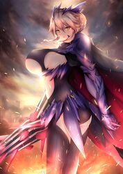  1girl armor armored_dress artoria_pendragon_(all) artoria_pendragon_(lancer_alter)_(fate) ass bangs black_bodysuit black_legwear blonde_hair bodysuit braid breasts cloak clouds cloudy_sky crown fate/grand_order fate_(series) highres holding holding_weapon large_breasts looking_at_viewer sky solo thigh-highs under_boob weapon yellow_eyes yutoriko_(candy0905) 