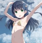  1girl armpits arms_up bikini blue_hair blue_sky braid cellphone clouds commentary_request green_eyes hair_bobbles hair_ornament highres kokekokko_coma long_hair looking_at_viewer navel open_mouth original phone sky smartphone solo string_bikini swimsuit twin_braids upper_body yellow_bikini 
