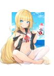 1girl bangs barefoot bikini blonde_hair blue_eyes blue_sky blunt_bangs blurry bokeh breasts character_request day depth_of_field eyebrows_visible_through_hair frilled_bikini frills grin highres indian_style long_hair looking_at_viewer luse_maonang marie_fou_lovan navel official_art otome_gee_sekai_wa_mob_ni_kibishii_sekai_desu outdoors outside_border sailor_collar shaved_ice sidelocks simple_background single_thighhigh sitting sky small_breasts smile solo sweat swimsuit thigh-highs very_long_hair white_background white_legwear 