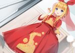  1girl absurdres bangs blonde_hair blunt_bangs blush braid bridal_veil chinese_commentary clothes_grab commentary_request dress eyebrows_visible_through_hair hand_up highres huge_filesize long_dress long_hair looking_at_viewer mononobe_alice nijisanji open_mouth red_dress sidelocks smile solo standing tied_hair veil yimiao 