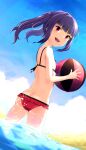  1girl absurdres alice_gear_aegis ass back ball bangs beachball bikini blue_sky blunt_bangs breasts butt_crack clouds cloudy_sky commentary_request day droplet dutch_angle eyebrows_visible_through_hair frilled_bikini frills from_behind highres holding holding_ball ichijou_ayaka looking_at_viewer looking_back medium_hair momo_(higanbana_and_girl) ocean open_mouth outdoors pink_eyes purple_hair red_bikini sky small_breasts smile solo splashing standing swimsuit twintails water wet 