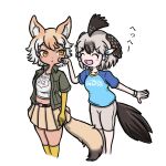 2girls :t ^_^ animal_ear_fluff animal_ears aomushi_taro arms_at_sides bangs belt bike_shorts bird_tail bird_wings black_hair blush_stickers brown_hair cheek_poking closed_eyes closed_mouth collarbone collared_shirt coyote_(kemono_friends) coyote_ears coyote_tail cropped_legs elbow_gloves eyebrows_visible_through_hair facing_another gloves grey_hair hair_tubes hand_up head_wings kemono_friends looking_at_another medium_hair midriff miniskirt multicolored_hair multiple_girls navel open_clothes open_mouth open_shirt outstretched_arm outstretched_hand pale_skin pleated_skirt poking shirt short_sleeves sidelocks simple_background skirt smile standing stomach t-shirt tail tan two-tone_hair undershirt white_background white_hair wing_collar wings yellow_eyes |d