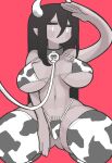  1girl animal_print arm_up bikini black_hair breasts breasts_apart cow_horns cow_print expressionless gashi-gashi hair_between_eyes highres horns large_breasts leash long_hair looking_at_viewer navel original print_bikini print_legwear red_background simple_background solo swimsuit thigh-highs white_eyes white_horns 