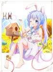  1girl absurdres angora_rabbit animal_ears anko_(gochiusa) bare_legs barefoot blue_eyes blue_hair dress gochuumon_wa_usagi_desu_ka? hair_ornament highres kafuu_chino long_hair one_eye_closed painter-lhb ponytail rabbit rabbit_ears solo tippy_(gochiusa) wild_geese x_hair_ornament 