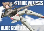  1girl absurdres ahoge alice_gear_aegis background_text bangs blue_eyes blue_sky bodysuit braid braided_ponytail brown_hair clouds commentary_request copyright_name cosplay english_text eyebrows_visible_through_hair flying grey_bodysuit gun hair_tie headset highres holding holding_gun holding_weapon huge_weapon long_hair looking_at_viewer lynette_bishop mecha_musume parted_lips single_braid sky smile solo strike_witches tricky_46 trigger_discipline weapon world_witches_series 