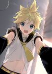  1boy aqua_eyes arm_warmers backlighting bass_clef belt black_collar blonde_hair collar commentary curtains from_below headphones headset indoors kagamine_len looking_at_viewer looking_down male_focus midriff naoko_(naonocoto) navel necktie open_mouth outstretched_arms pov sailor_collar shirt short_sleeves sketch solo spiky_hair v-shaped_eyebrows vocaloid white_shirt yellow_neckwear 