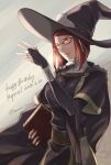  1girl arm_up book bridal_gauntlets cape fire_emblem fire_emblem_awakening glasses hair_ornament hat holding holding_book holding_weapon long_sleeves miriel_(fire_emblem) muni_inno red_eyes redhead short_hair turtleneck upper_body weapon witch_hat 