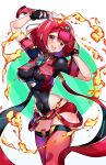  1girl bangs black_gloves breasts chest_jewel earrings fingerless_gloves gloves highres jewelry large_breasts pyra_(xenoblade) red_eyes red_legwear red_shorts redhead short_hair short_shorts shorts swept_bangs thigh-highs tiara xenoblade_chronicles_(series) xenoblade_chronicles_2 yagi_(kyuhyun) 
