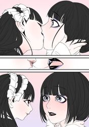  2girls absurdres after_kiss black_hair black_lips chin_hold commentary_request eyebrows_visible_through_hair eyeshadow highres kiss makeup multiple_girls original purple_eyeshadow red_eyes saliva saliva_trail satsuki_(notsachiko) upper_teeth violet_eyes yuri 