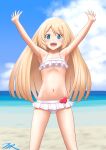  1girl arms_up artist_name badge beach bikini blonde_hair blue_eyes blue_sky clouds collarbone commentary_request cowboy_shot day flat_chest frilled_bikini frills heart highres jervis_(kancolle) kantai_collection long_hair looking_at_viewer navel outdoors sky smile solo standing swimsuit t2r white_bikini 