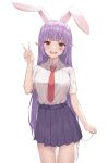  1girl :d absurdres animal_ears arm_at_side bangs breasts collared_shirt eyebrows_visible_through_hair highres holding large_breasts long_hair looking_at_viewer necktie open_mouth pleated_skirt pointy_ears purple_hair rabbit_ears red_eyes red_neckwear reisen_udongein_inaba shiny shiny_hair shirt shirt_tucked_in short_sleeves shuvui skirt smile solo touhou uniform upper_teeth v 