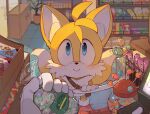  1boy animal_ears animal_nose blue_eyes blush c52278 candy candy_store closed_mouth dessert food fox_boy fox_ears fox_tail furry gloves highres looking_at_viewer male_focus multiple_tails shop smile solo_focus sonic_(series) standing tail tails_(sonic) two_tails white_gloves 