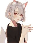  1girl absurdres animal_ears bangs blush bob_cut daluto_(hitomi555) fingers_together highres looking_at_viewer mole mole_under_eye original red_eyes shirt short_hair silver_hair simple_background slit_pupils smile solo t-shirt tail white_background 