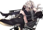  1girl absurdres animal_ears black_nails eyebrows_visible_through_hair grey_hair highres hololive in_shopping_cart lion_ears lion_girl lion_tail open_mouth pillow shishiro_botan shopping_cart shuu-0208 tail upper_teeth virtual_youtuber 