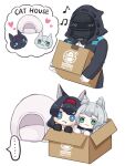  ... 1other 2girls :3 ambiguous_gender animal_ear_fluff animal_ears animalization arknights black_gloves black_hair black_jacket blaze_(arknights) blue_eyes blush box cardboard_box cat_ears chibi commentary fang gloves green_eyes grey_hair hairband holding holding_box hood hood_up in_box in_container jacket mask multiple_girls musical_note penguin_logistics_logo red_hairband rosmontis_(arknights) simple_background smug someyaya spoken_ellipsis white_background white_gloves 