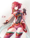  1girl bangs black_gloves breasts chest_jewel earrings fingerless_gloves gem gloves headpiece highres jewelry l-phy large_breasts pyra_(xenoblade) red_eyes red_legwear red_shorts redhead short_hair short_shorts shorts swept_bangs thigh-highs tiara xenoblade_chronicles_(series) xenoblade_chronicles_2 