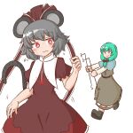  2girls animal_ears bangs black_footwear blue_capelet blush bow bright_pupils brown_bow brown_dress brown_ribbon capelet closed_mouth cosplay costume_switch dowsing_rod dress eyebrows_visible_through_hair frilled_ribbon frills front_ponytail green_eyes green_hair grey_dress grey_hair hair_bow hair_ribbon highres holding holding_clothes holding_dress jewelry kagiyama_hina kagiyama_hina_(cosplay) long_hair long_sleeves mizusoba mouse_ears multiple_girls nazrin nazrin_(cosplay) pendant red_eyes ribbon short_hair short_sleeves simple_background smile standing sweat tail touhou white_background white_pupils 