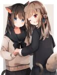  2girls ;d absurdres animal_ear_fluff animal_ears bangs black_bow black_hair black_jacket black_sailor_collar black_skirt blue_eyes bow brown_hair brown_sweater cat_ears cat_girl cat_tail commentary_request cowboy_shot dog_ears dog_girl dog_tail from_behind heripiro highres holding_hands jacket long_hair looking_at_viewer multiple_girls one_eye_closed open_mouth original red_eyes sailor_collar skirt smile standing sweater tail 