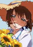  1girl blue_sky blurry blush brown_eyes brown_hair collared_shirt commentary_request flower hagiwara_yukiho hat idolmaster idolmaster_(classic) leaf looking_at_viewer open_mouth outdoors shirt short_hair sky smile solo straw_hat sunflower teeth upper_body white_shirt yoko.u 