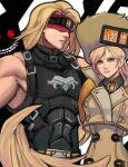  1boy 1girl absurdres belt_buckle black_clothes blonde_hair blue_eyes buckle coat covered_eyes fur_hat guilty_gear guilty_gear_strive hat highres long_hair millia_rage straight_hair zato-1 