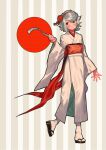  1girl alternate_costume bangs blush bukimi_isan commentary_request flower full_body grey_hair grey_kimono hair_flower hair_ornament hairband hand_up head_tilt highres holding japanese_clothes kimono long_hair long_sleeves looking_at_viewer obi red_background red_flower red_hairband sandals sash short_hair shy_(character) shy_(series) solo standing striped striped_background white_legwear wide_sleeves yukata 