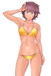  1girl absurdres bangs bikini blue_eyes breasts brown_hair closed_mouth cowboy_shot dark_skin eyebrows_visible_through_hair girls_und_panzer groin highres large_breasts looking_at_viewer lowleg lowleg_bikini navel shadow short_hair simple_background skindentation smile solo standing suzuki_(girls_und_panzer) swimsuit tanaka_rikimaru waving white_background yellow_bikini 