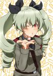  1girl ;o ada_badguy anchovy_(girls_und_panzer) anzio_military_uniform bangs belt black_neckwear black_ribbon black_shirt blown_kiss brown_eyes commentary_request dress_shirt drill_hair eyebrows_visible_through_hair girls_und_panzer green_hair grey_jacket hair_ribbon jacket long_hair long_sleeves looking_at_viewer military military_uniform necktie one_eye_closed open_mouth partial_commentary red_eyes ribbon sam_browne_belt shirt smile solo twin_drills twintails uniform wing_collar 
