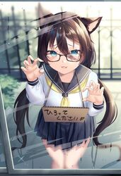  1girl :3 absurdres animal_ears bangs black_hair black_sailor_collar black_skirt blue_eyes blush cat_ears claw_pose commentary_request fou_(ssqseeker) glasses hair_between_eyes hands_up highres long_hair long_sleeves looking_at_viewer neckerchief open_mouth original pleated_skirt sailor_collar school_uniform serafuku shirt sign sign_around_neck skirt solo standing translated twintails very_long_hair white_shirt window yellow_neckwear 