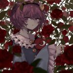  1girl absurdres blouse blue_blouse blurry breasts depth_of_field expressionless eyeball flower hairband heart highres ichinose_(kurui96) komeiji_satori looking_at_viewer pink_hair red_flower red_rose rose short_hair simple_background small_breasts solo third_eye touhou upper_body violet_eyes white_background 